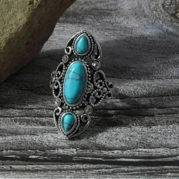 Triple Stone Turquoise Boho Vintage Style Ring - Picture 2 of 4